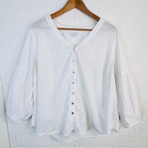 J. Jill Women's LARGE Blouse Casual Career Eyelet White 3/4 Sleeve Cotton Boho